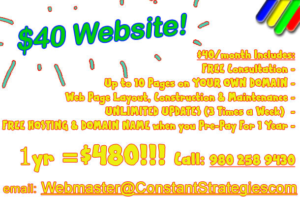 40 dollar website. Free Domain and Hosting! Call 980 258 9430